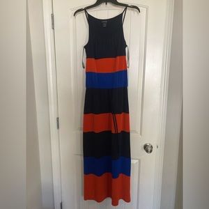 En Focus Studio Navy Blue and Orange block long sleeveless dress